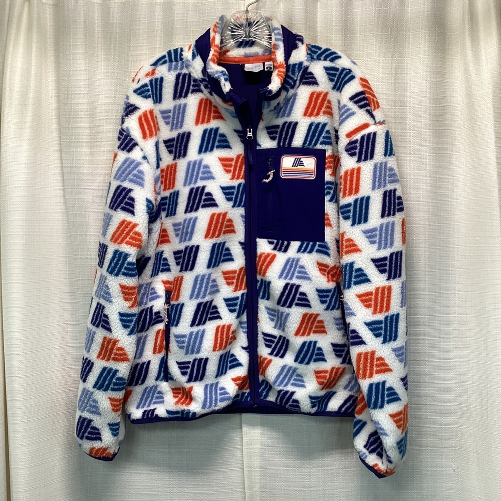 Aldi Gear Mens Sherpa Fleece Jacket Large Multicolor Logo Print Full Zip Retro